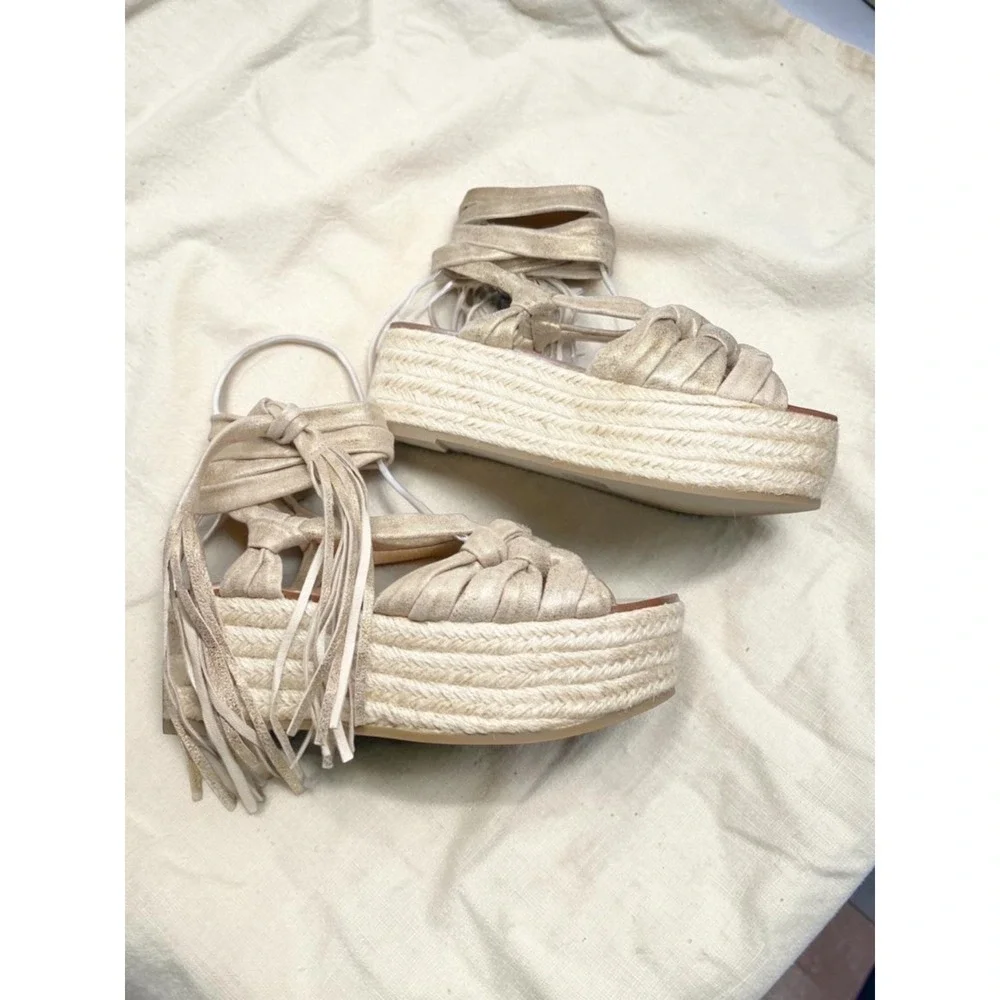 Sigerson Morrison Cosie Gold Metallic Suede Platform Espadrille Sandals 7 NWOB